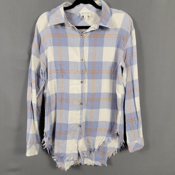 Jun & Ivy Blue White Plaid Button Down Shirt Frayed Hem Cotton Boho Casual Top - Picture 1 of 8